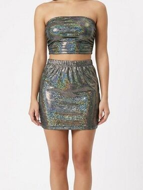 Windsor Holographic 2 Piece Set Tube Top Mini Skirt Iridescent Y2K XS S Party